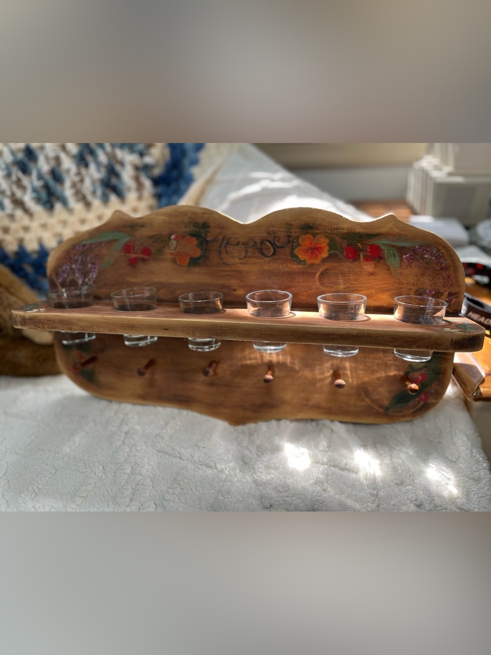 Vintage Floral Hand-Painted Wood Wall Peg Rack votive or spice bottle holder